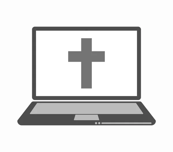Geïsoleerde lijn kunst laptop met een christelijk kruis — Stockvector