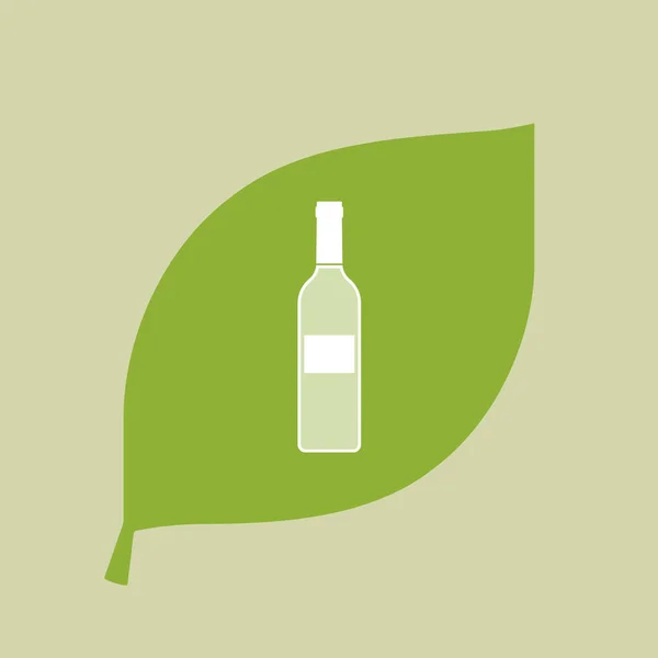 Διάνυσμα πράσινο φύλλο εικονίδιο με ένα μπουκάλι κρασί — Διανυσματικό Αρχείο