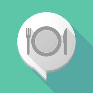 Uzun gölge çizgi roman balon ile bir tabak, bıçak ve çatal simgesi