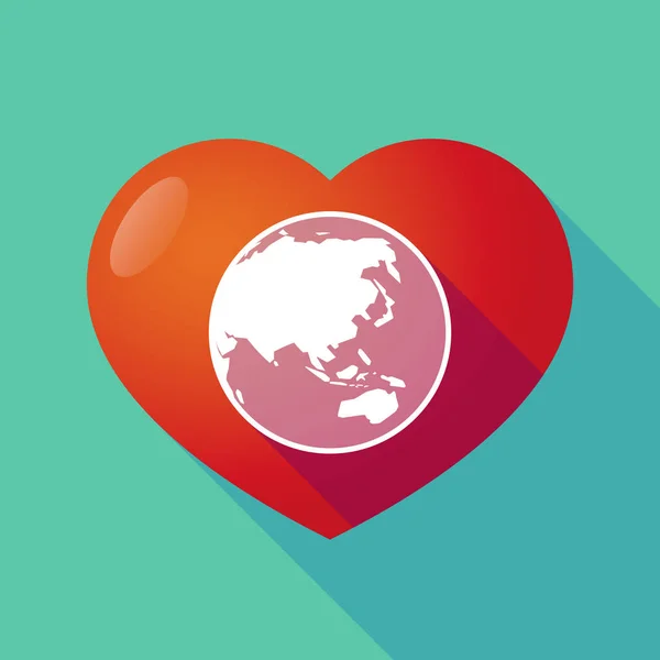 Långa skugga hjärta med en Asia Pacific globe världskartan — Stock vektor