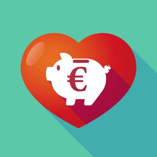 Long shadow heart with  an euro coin in a piggy bank moneybox — Stock Vector