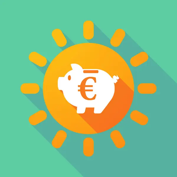 Long shadow Sun with  an euro coin in a piggy bank moneybox — Stock Vector