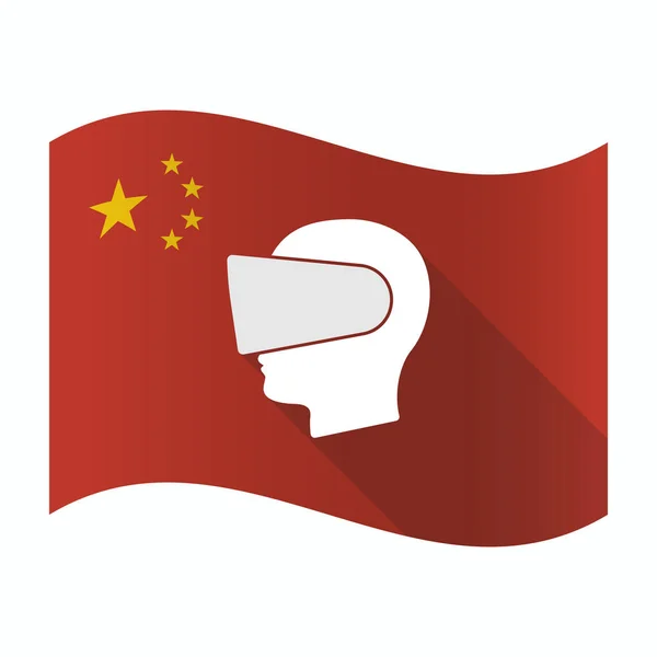 挥舞着中国国旗与男性的头上戴着一个虚拟的现实他 — 图库矢量图片