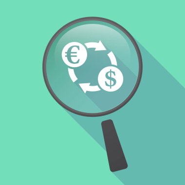 Uzun gölge büyüteç ile bir euro dolar Satım işareti