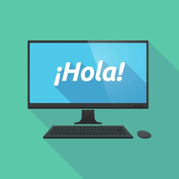 Dlouhý stín počítač s textem Hello! ve španělském jazyce — Stockový vektor