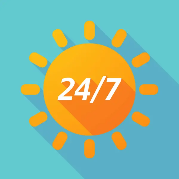 Long shadow Sun with    the text 24/7 — Stock Vector