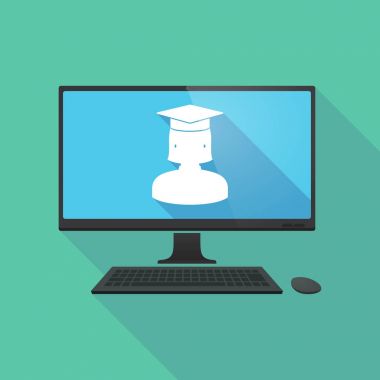 Uzun gölge bilgisayar bir kadın mezun öğrenci ile