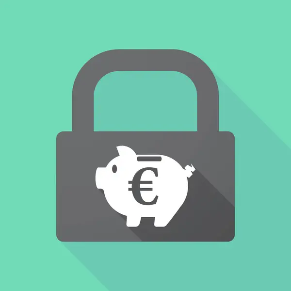 Fechadura longa da sombra com uma moeda de euro em uma caixa de dinheiro do banco piggy — Vetor de Stock