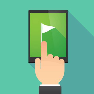 Uzun gölge tablet Pc ile bir golf bayrak