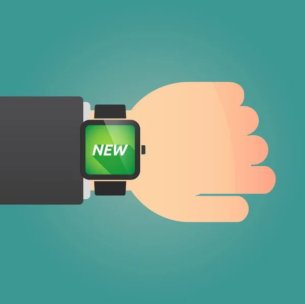 Hand with a smart watch and    the text NEW — Stock Vector