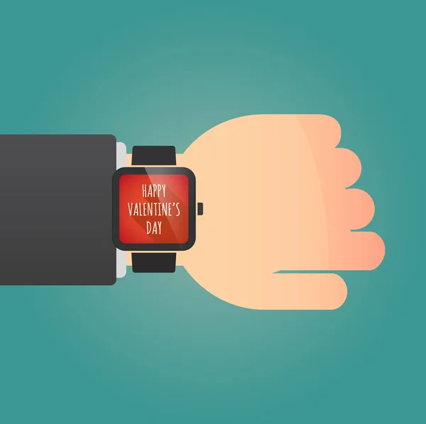 Hand met een slimme horloge en de tekst Happy Valentines Day — Stockvector