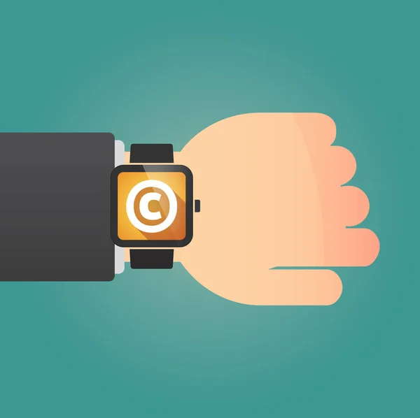 Mão com um relógio inteligente e o sinal de direitos autorais — Vetor de Stock
