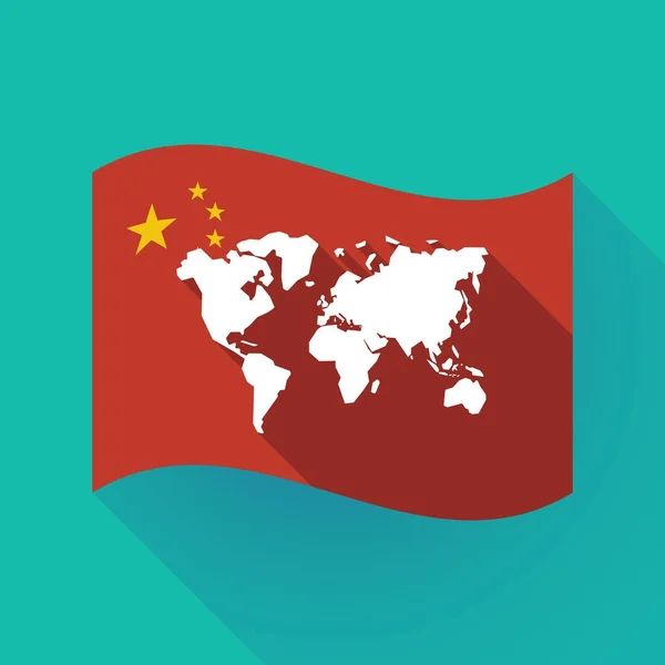 Lunga ombra Bandiera cinese con mappa del mondo — Vettoriale Stock