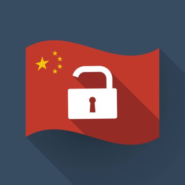 Uzun gölge Çin bayrağı ile bir açık kilit yastık