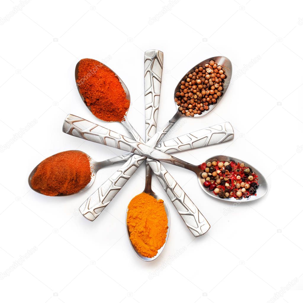 Various spices in spoons on white background