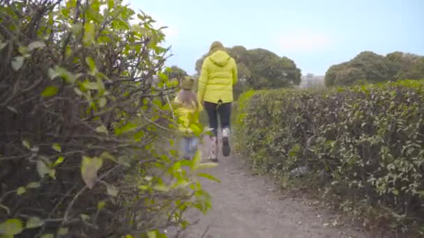 Vista Posterior Feliz Hija Caucásica Saltando Largo Arbustos Verdes Con — Vídeo de stock