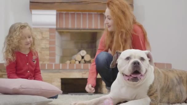 Mãe branca ruiva bonita e brincando com a filha com cabelo louro encaracolado e cachorro. Mulher adulta feliz e menina se divertindo com bulldog animal de estimação em casa. Família descansando dentro de casa . — Vídeo de Stock