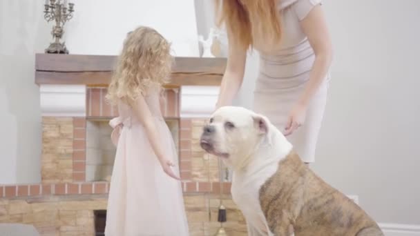 Pequeña rubia caucásica alimentando a bulldog con su madre. Mujer pelirroja adulta pasando tiempo libre con su hija y mascota en el interior. Familia descansando en casa . — Vídeos de Stock