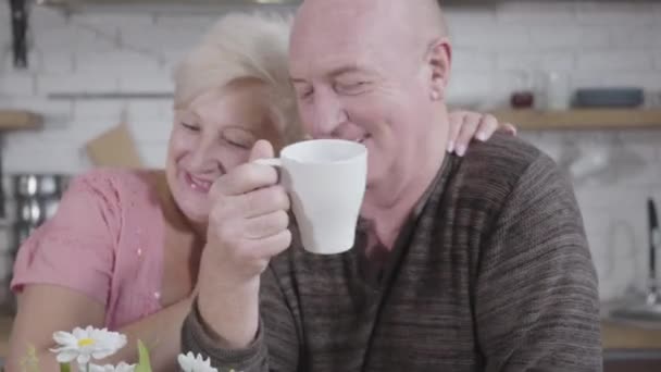 Portret van een vrolijk volwassen stel dat in de keuken zit te praten. Gelukkige seniorenfamilie die samen tijd thuis doorbrengen. Eeuwige liefde, geluk, gezelligheid. — Stockvideo