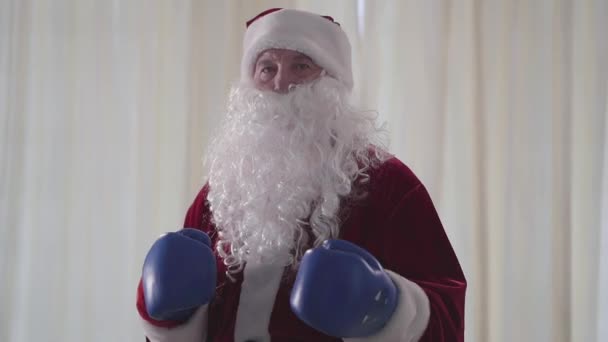 Πορτρέτο του γενειοφόρου αστείο Santa Claus σε μπλε γάντια πυγμαχίας θέλει να πολεμήσει close-up. Ο γέρος να κοιτάει απειλητικά στην κάμερα. Χριστούγεννα, διακοπές, κακός Άγιος Βασίλης — Αρχείο Βίντεο