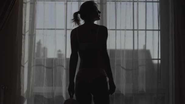 Back view of beautiful young woman standing in front of window and taking off shirt. Portrait of attractive woman in lace underwear. Sensuality, lifestyle. — Stock Video