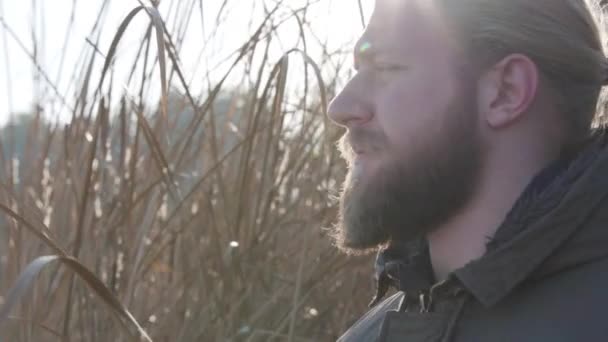 Close-up portrait of confident adult Caucasian man standing in sunlight in autumn bushes. Male tourist enjoying his vacation in the forest. Lifestyle, travelling, tourism. — 비디오