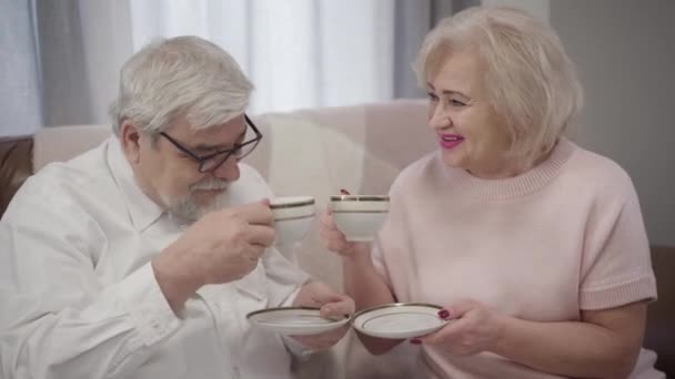 Evde çay içen yaşlı beyaz bir adam ve kadının yakın plan portresi. Mutlu olgun eşler geceyi evde birlikte geçirirler. Yaşam tarzı, emeklilik, boş zaman. — Stok video