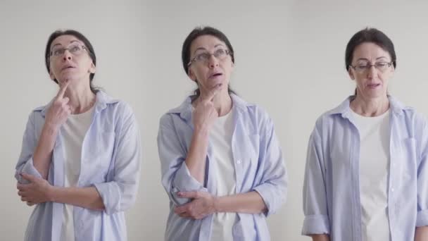 Retrato de morena adulta mujer caucásica en gafas pensando. Triple imagen de la misma persona decidiendo sobre un tema importante. Estilo de vida, toma de decisiones, pensamientos . — Vídeos de Stock