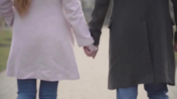 Взрослая неузнаваемая кавказская пара в осенних пальто, держащаяся за руки и уходящая по аллее в парке. Романтичный мужчина и женщина прогуливаются на улице по выходным. Знакомства, любовь, отдых, романтика . — стоковое видео