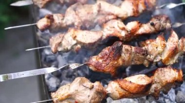 Barbekü ızgarasında pişmiş etin yan görüntüsü. Lezzetli kızarmış domuz pastırması. Boş zaman, yaşam tarzı, yemek..