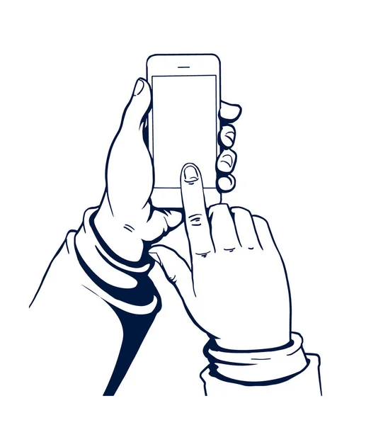 Mani in bianco e nero che tengono un telefono — Vettoriale Stock