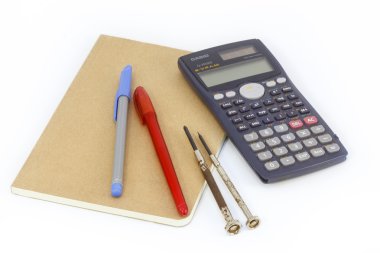 Mühendis ekipman oluşur kalem, kitap, hesap makinesi ve vida