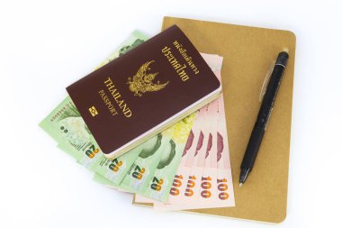pasaport, para, kalem ve kitap.
