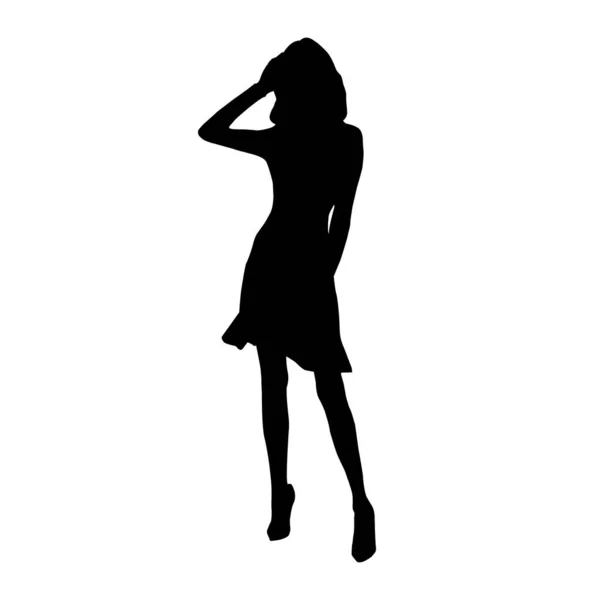 Black vector silhouette of stylish woman dancing and posing on white background — Stock Vector