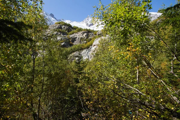 Montagnes Dombay, trekking dans le parc national à la cascade Alibek et le glacier, paysage d'automne — Photo