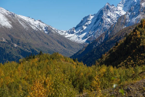 Dombay mountains, trekking in national park to the Alibek waterfall and glacier, autumn landscape