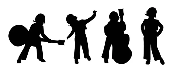 Ensemble Silhouettes Enfants Noirs Jouant Guitare Dansant Posant Illustration Vectorielle — Image vectorielle