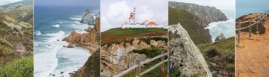 Cabo da Roca fotoğraf kolajına hoş geldiniz. Rock Burnu, Portekiz, Atlantik Okyanusu. Eski deniz feneri ve uçurumun tepesinden manzara. Seyahat kavramı.