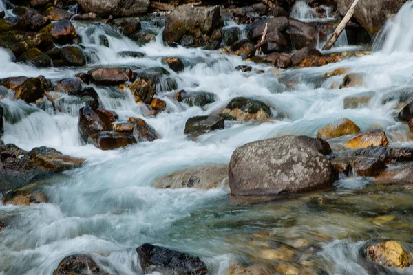 Cachoeira Esparsa Nas Montanhas Dombay Temporada Outono Abetos Verdes Grandes — Fotografia de Stock