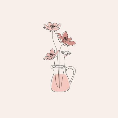 Sürahi çiçekleri, çizgi sanatı feminen çiçek kavramı, minimalizm, pastel arka bahçedeki bej kır çiçekleri, kartlar için vektör çizimi, ikonlar, iğneler ve diğer tasarım.