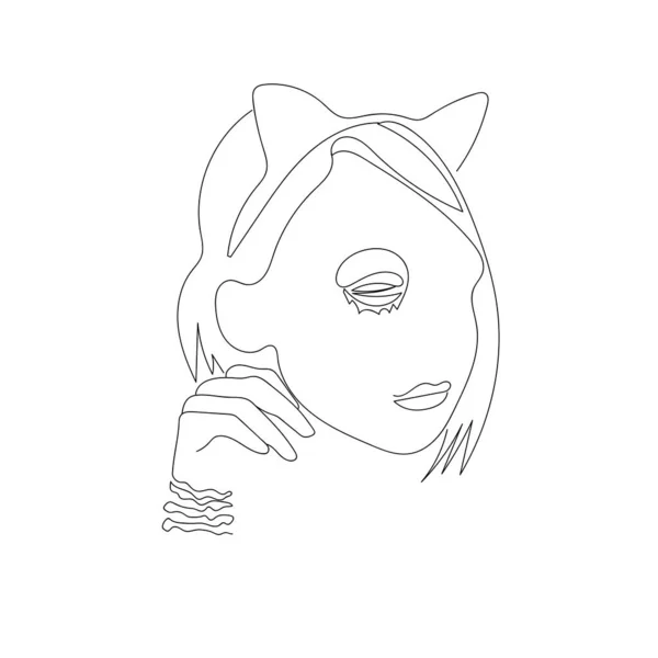 Linienkunst Frau Gesicht Porträt Kontinuierliche Linienhandzeichnung Von Mode Mädchen Katzenohren — Stockvektor