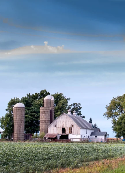 Celeiro rural de Indiana com um campo de cultivo verde — Fotografia de Stock