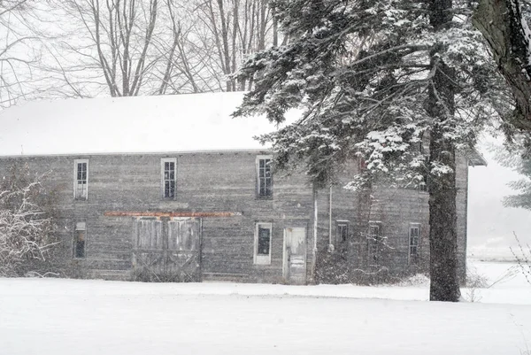 Старый ржавый сарай в снегу — стоковое фото
