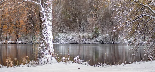 Winterpanorama langs de oevers van de rivier — Stockfoto