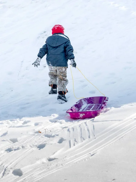 Young boy pulling a plastic sled — Stockfoto