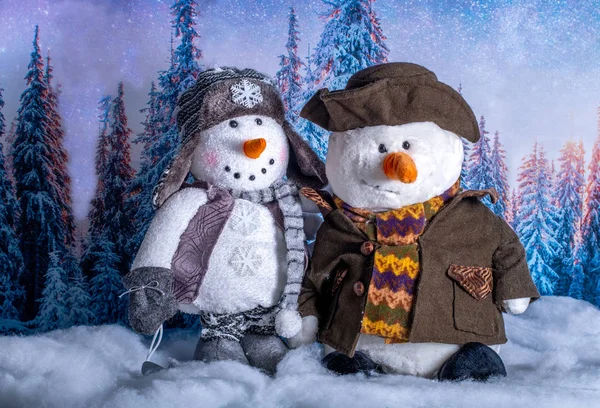 Deux bonhommes de neige en peluche sur fond d'hiver — Photo