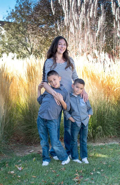 北アメリカのかなり秋の日に二人の息子を持つ母は背の高い草に対してポーズ — ストック写真