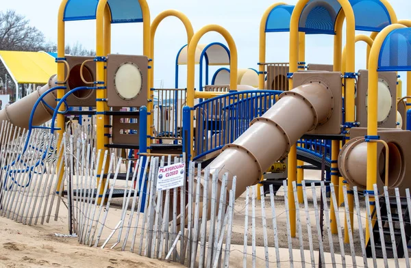 Play Area Sits Empty Shores Lake Michigan Fence Closing Playground — Stock Photo, Image