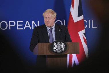 İngiltere Başbakanı Boris Johnson 17 Ekim 2019 'da Brüksel, Belçika' daki Avrupa Birliği Genel Merkezi 'nde düzenlenen bir basın toplantısında bir konuşma yaptı.. 