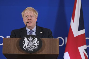 İngiltere Başbakanı Boris Johnson 17 Ekim 2019 'da Brüksel, Belçika' daki Avrupa Birliği Genel Merkezi 'nde düzenlenen bir basın toplantısında bir konuşma yaptı.. 